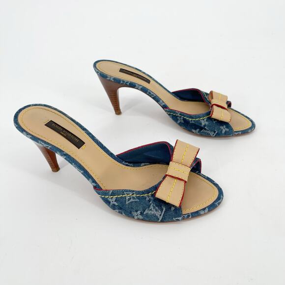 Retro Louis Vuitton Blue Monogram Denim Tan Leather Bow Mule Sandal EU 36.5 - Picture 1 of 12